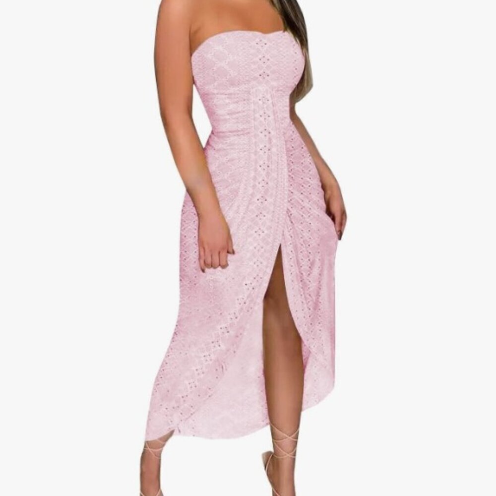 ChicMe Pink Eyelet Strapless Ruched Midi Dress – Size S – Worn Once